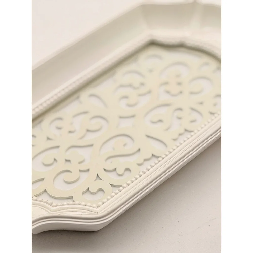 Cream White Metal Scrollwork Mirror Vanity Tray Beaded Edge French Country 15in